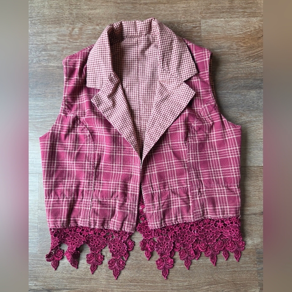 Jackets & Blazers - Vintage Hand Made Reversible Maroon Plaid Western Vest with Lace Fringe, size S